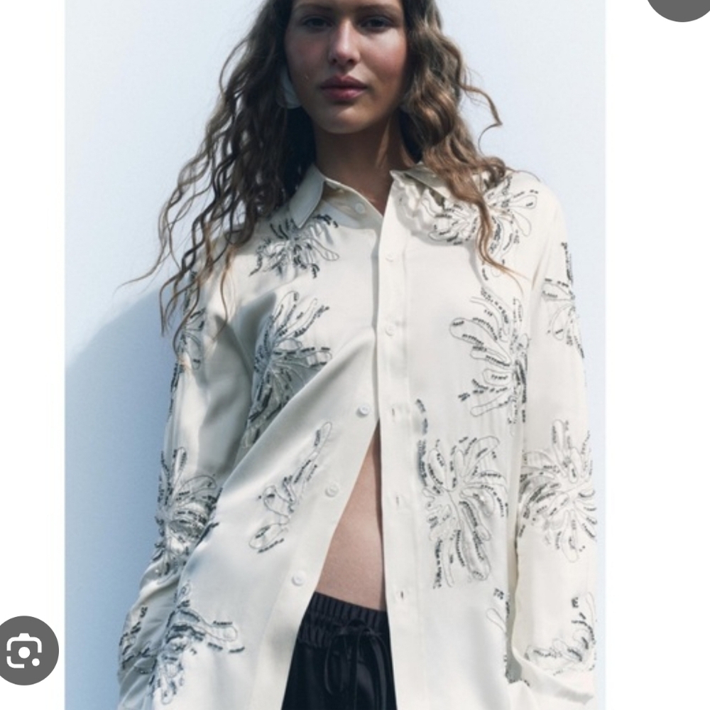 Zara Cream Beaded Embroidered Satin Shirt Blouse Women’s XS NWOT